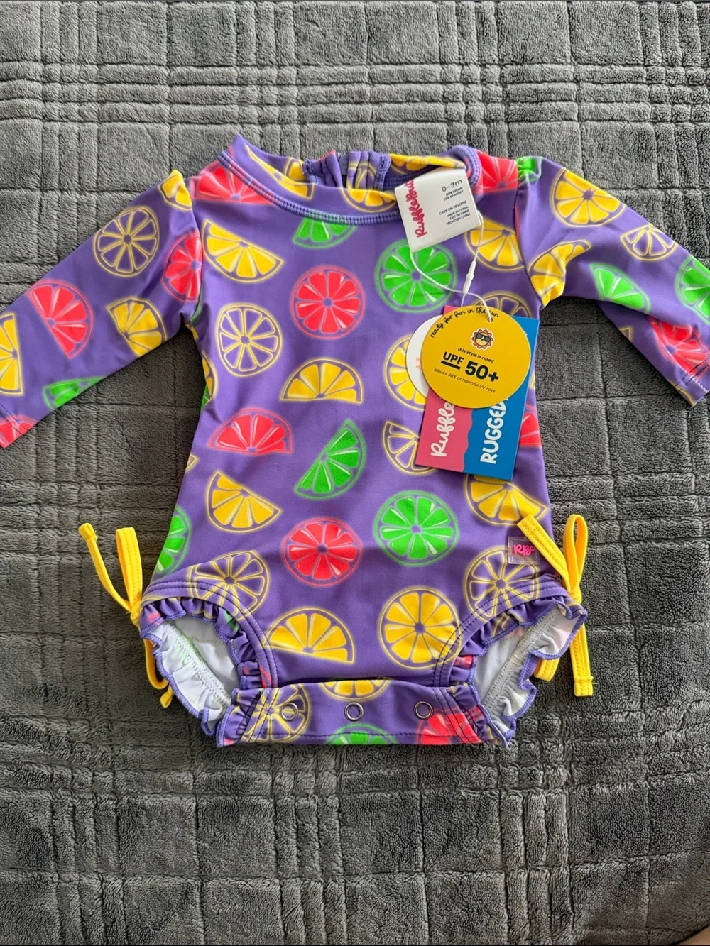 RUFFLEBUTTS Infant Girls Neon Citrus Long Sleeve One-Piece Swimsuit